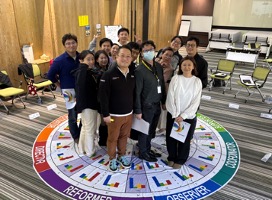 Hansen Beck assessment workshop participants standing on an Insights Discovery wheel